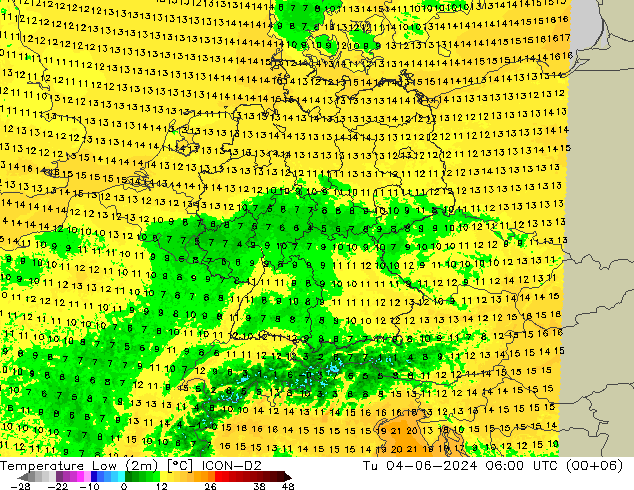 Minumum Değer (2m) ICON-D2 Sa 04.06.2024 06 UTC