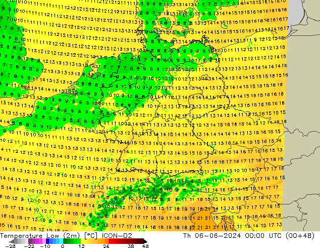 temperatura mín. (2m) ICON-D2 Qui 06.06.2024 00 UTC