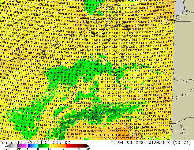 Temperature (2m) ICON-D2 Út 04.06.2024 01 UTC