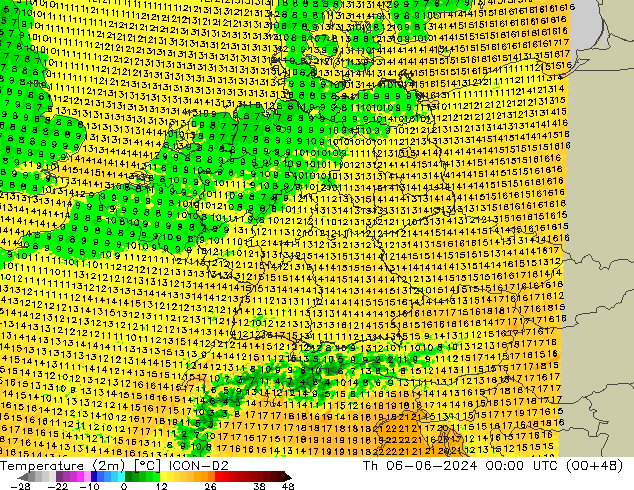 Temperature (2m) ICON-D2 Th 06.06.2024 00 UTC