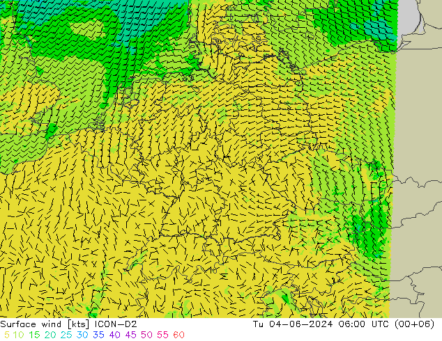 Rüzgar 10 m ICON-D2 Sa 04.06.2024 06 UTC
