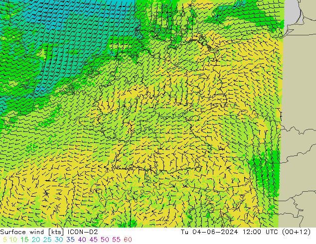 Wind 10 m ICON-D2 di 04.06.2024 12 UTC