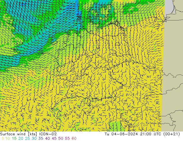 Wind 10 m ICON-D2 di 04.06.2024 21 UTC