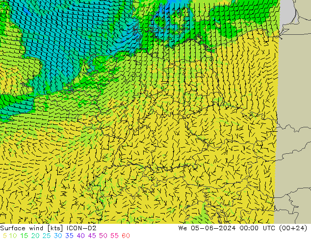 Bodenwind ICON-D2 Mi 05.06.2024 00 UTC