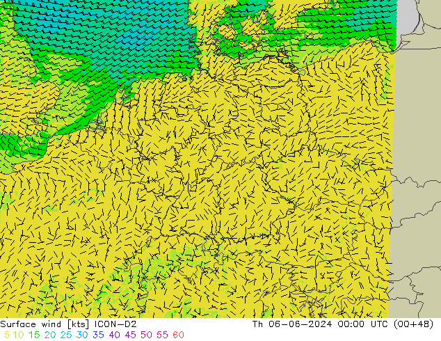 Surface wind ICON-D2 Th 06.06.2024 00 UTC