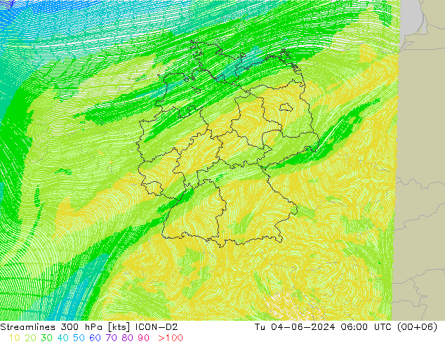 Streamlines 300 hPa ICON-D2 Tu 04.06.2024 06 UTC