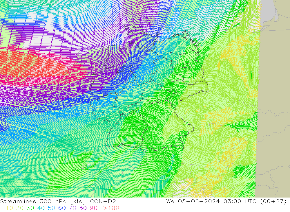 Streamlines 300 hPa ICON-D2 We 05.06.2024 03 UTC