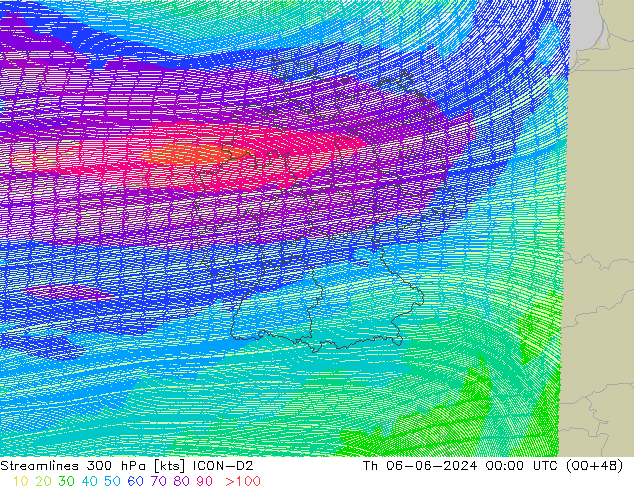 Ligne de courant 300 hPa ICON-D2 jeu 06.06.2024 00 UTC