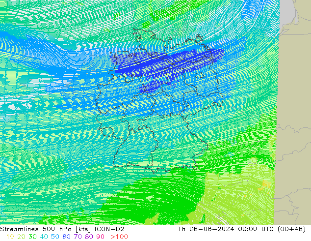 Streamlines 500 hPa ICON-D2 Th 06.06.2024 00 UTC