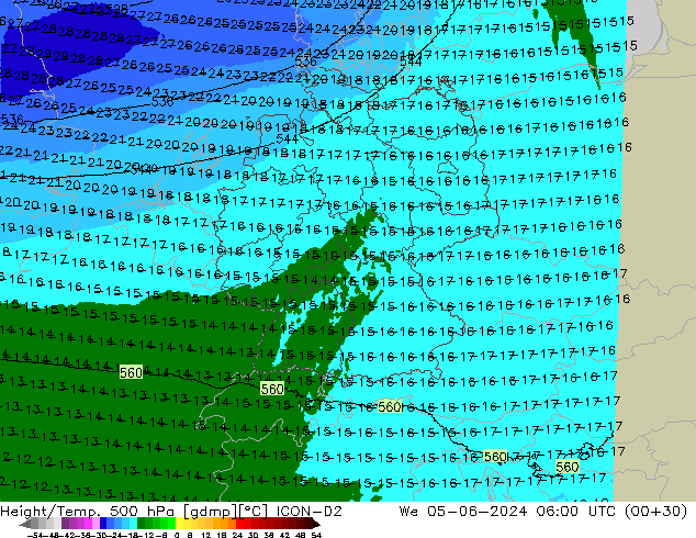 Hoogte/Temp. 500 hPa ICON-D2 wo 05.06.2024 06 UTC