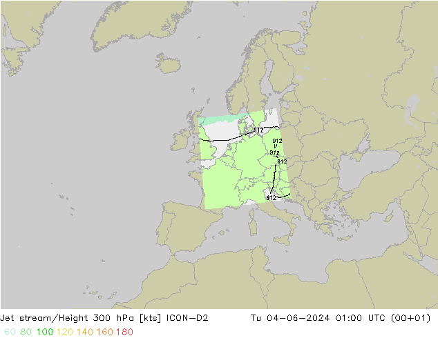 Jet stream/Height 300 hPa ICON-D2 Út 04.06.2024 01 UTC