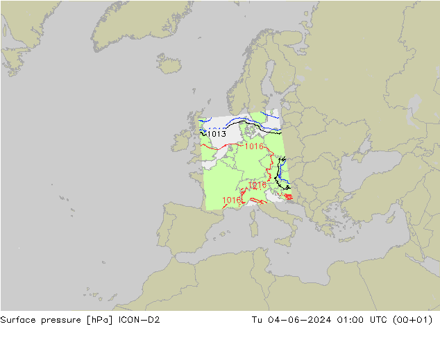 Bodendruck ICON-D2 Di 04.06.2024 01 UTC