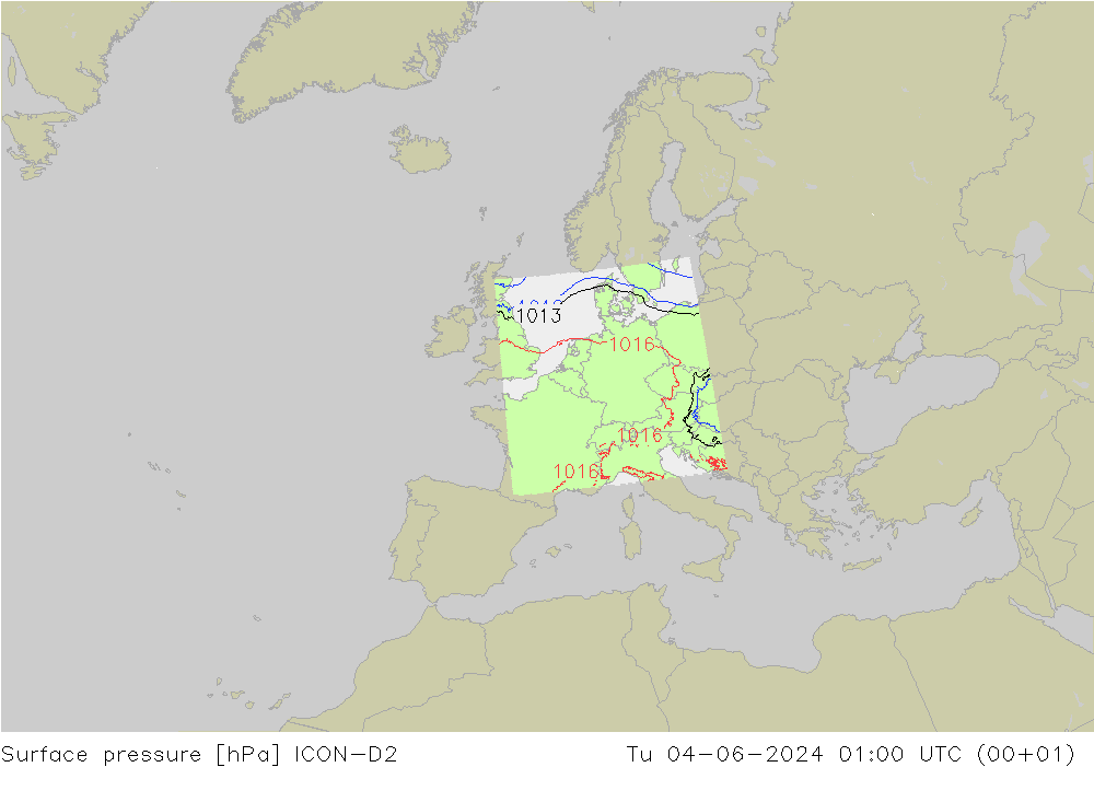 Presión superficial ICON-D2 mar 04.06.2024 01 UTC