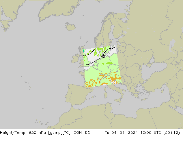 Height/Temp. 850 hPa ICON-D2 Tu 04.06.2024 12 UTC