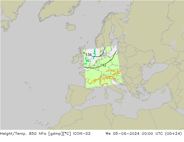 Height/Temp. 850 hPa ICON-D2 mer 05.06.2024 00 UTC