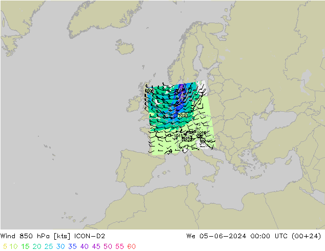 风 850 hPa ICON-D2 星期三 05.06.2024 00 UTC