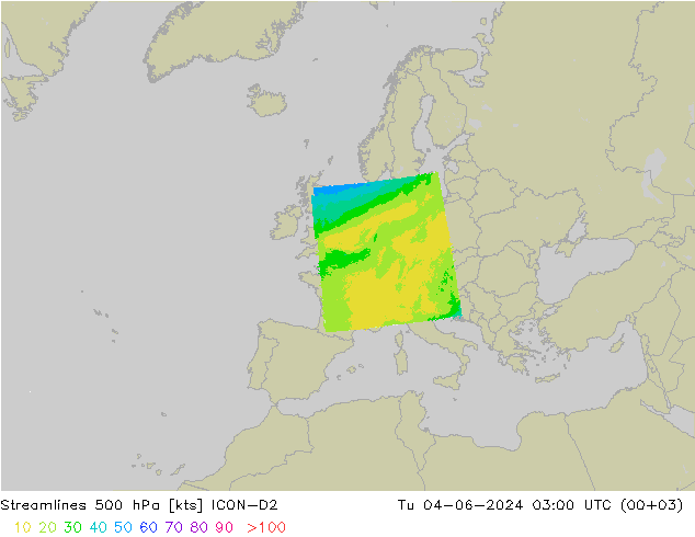 Línea de corriente 500 hPa ICON-D2 mar 04.06.2024 03 UTC