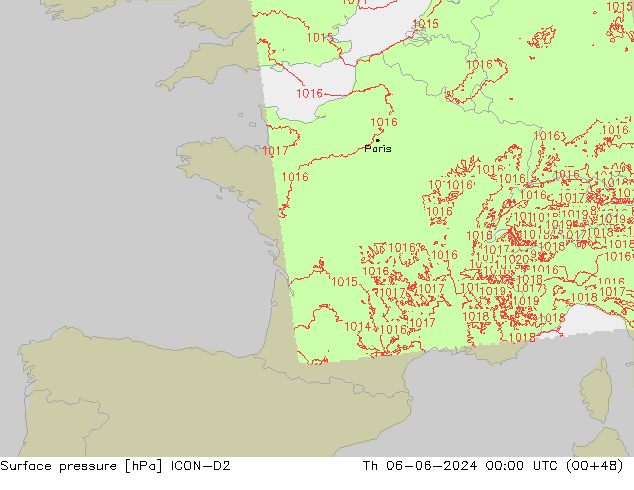 Presión superficial ICON-D2 jue 06.06.2024 00 UTC