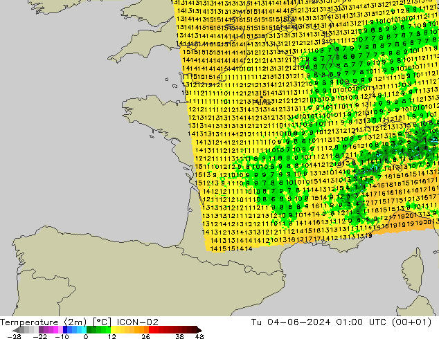 Temperatura (2m) ICON-D2 Ter 04.06.2024 01 UTC