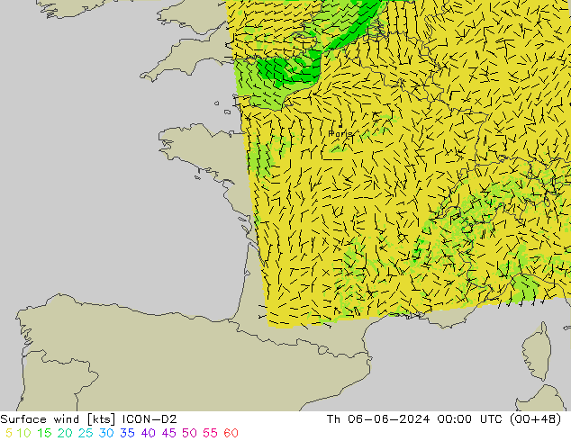 Wind 10 m ICON-D2 do 06.06.2024 00 UTC