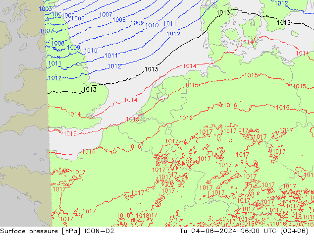 приземное давление ICON-D2 вт 04.06.2024 06 UTC