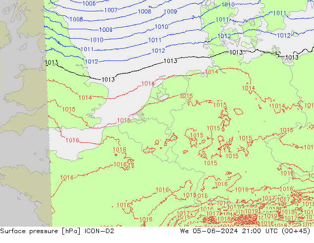 Surface pressure ICON-D2 We 05.06.2024 21 UTC