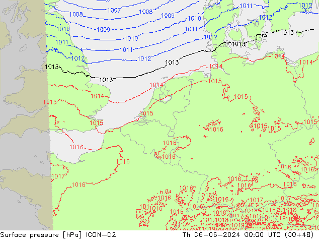 Presión superficial ICON-D2 jue 06.06.2024 00 UTC