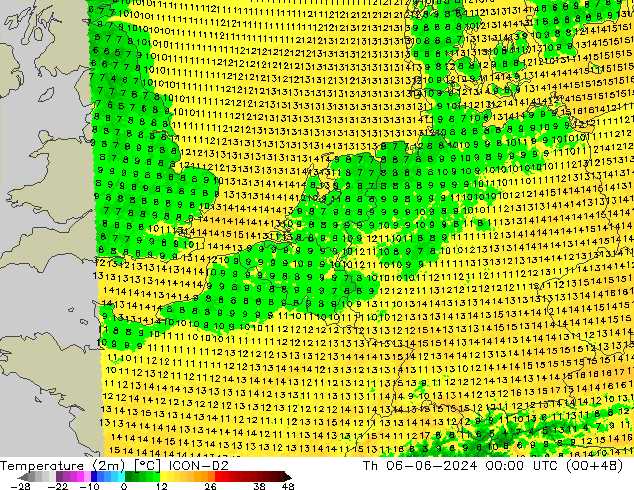 mapa temperatury (2m) ICON-D2 czw. 06.06.2024 00 UTC