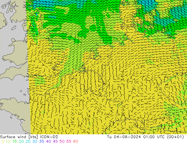 风 10 米 ICON-D2 星期二 04.06.2024 01 UTC