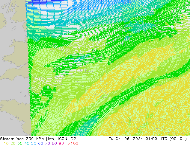 Streamlines 300 hPa ICON-D2 Tu 04.06.2024 01 UTC