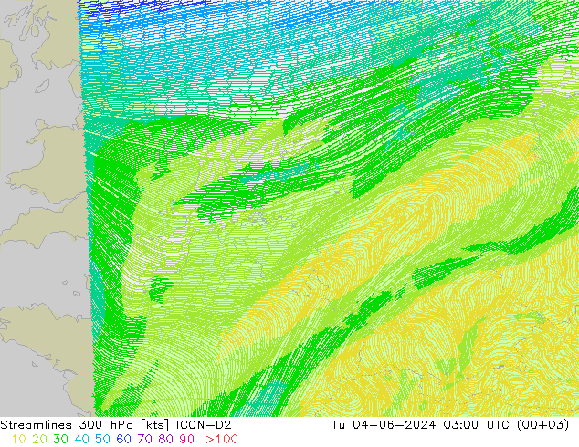 Linea di flusso 300 hPa ICON-D2 mar 04.06.2024 03 UTC