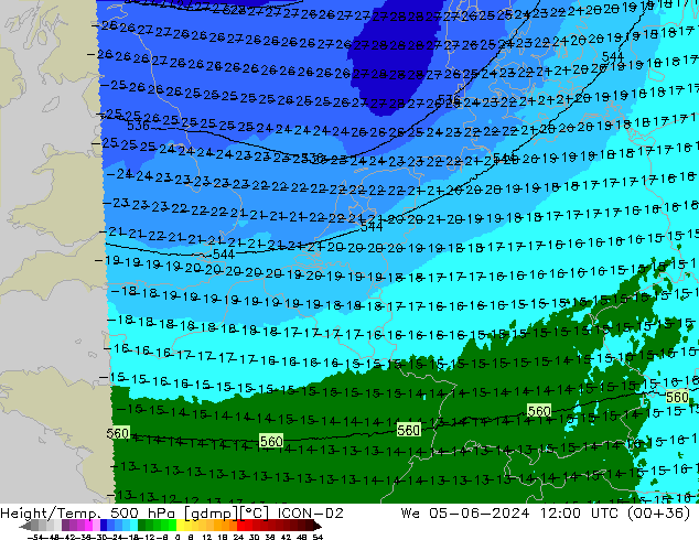 Height/Temp. 500 hPa ICON-D2 Mi 05.06.2024 12 UTC