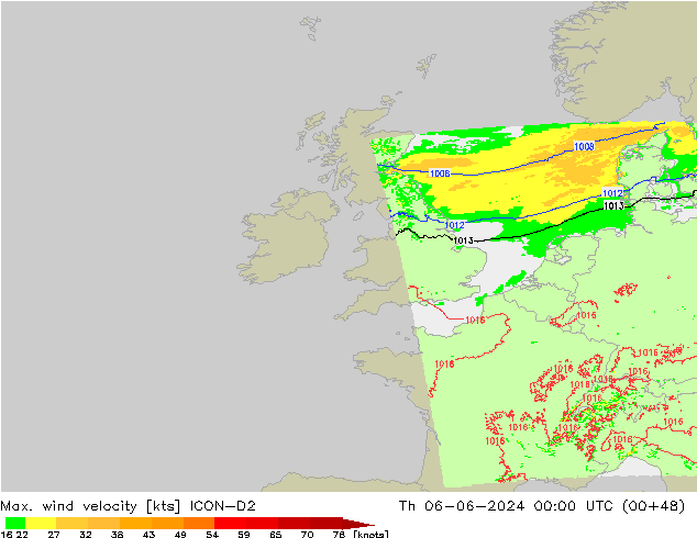 Max. wind velocity ICON-D2  06.06.2024 00 UTC