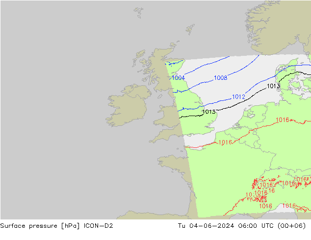 Presión superficial ICON-D2 mar 04.06.2024 06 UTC