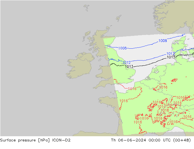 Surface pressure ICON-D2 Th 06.06.2024 00 UTC