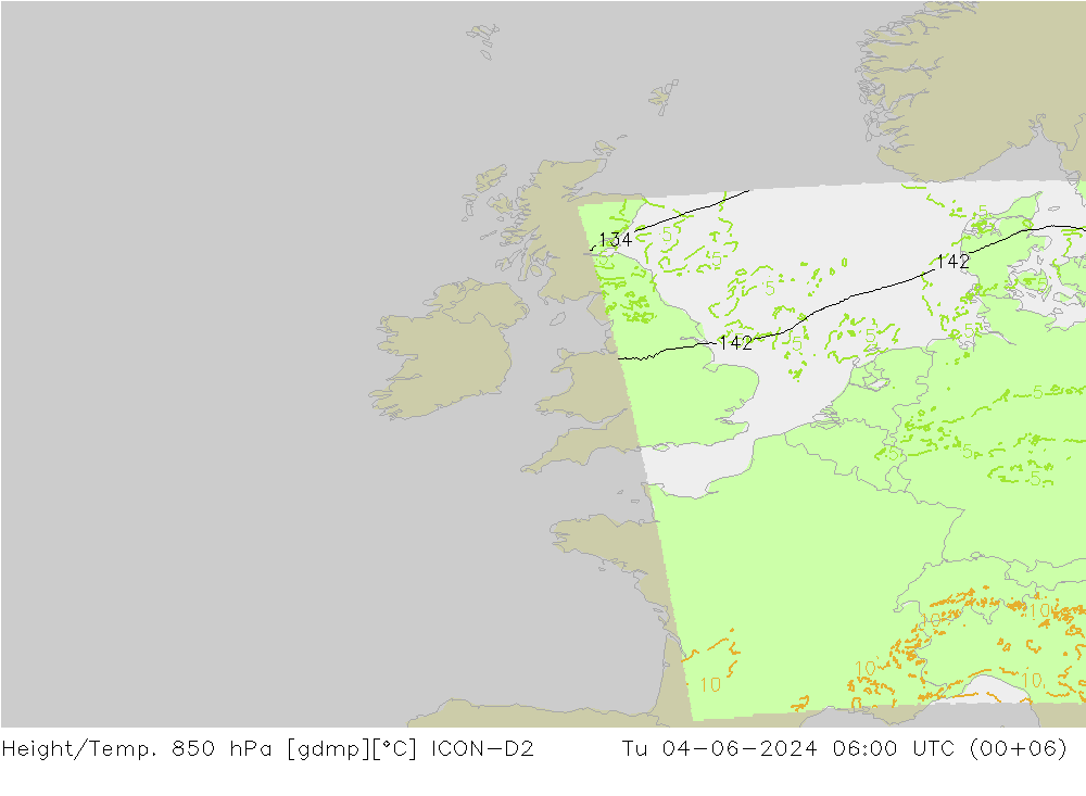 Height/Temp. 850 hPa ICON-D2 Di 04.06.2024 06 UTC