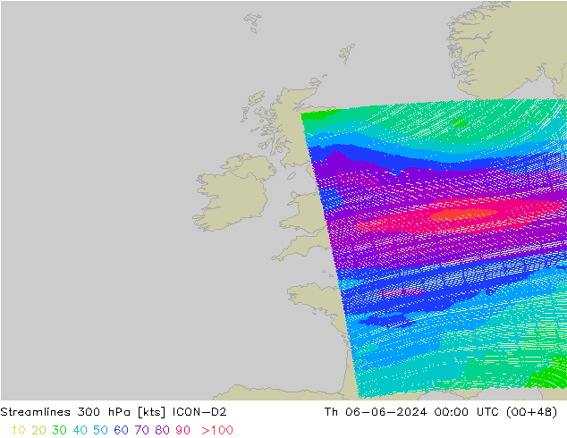 Linha de corrente 300 hPa ICON-D2 Qui 06.06.2024 00 UTC