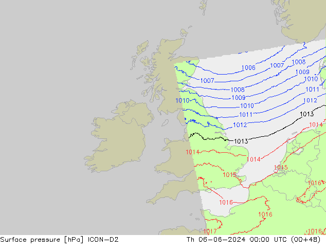 Presión superficial ICON-D2 jue 06.06.2024 00 UTC