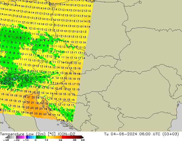 Temp. minima (2m) ICON-D2 mar 04.06.2024 06 UTC