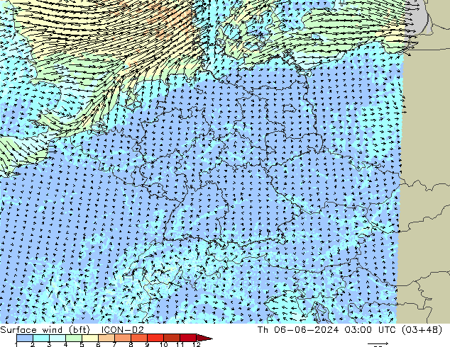 Surface wind (bft) ICON-D2 Th 06.06.2024 03 UTC