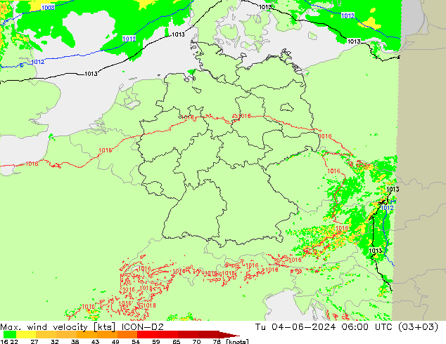 Max. wind velocity ICON-D2 Út 04.06.2024 06 UTC