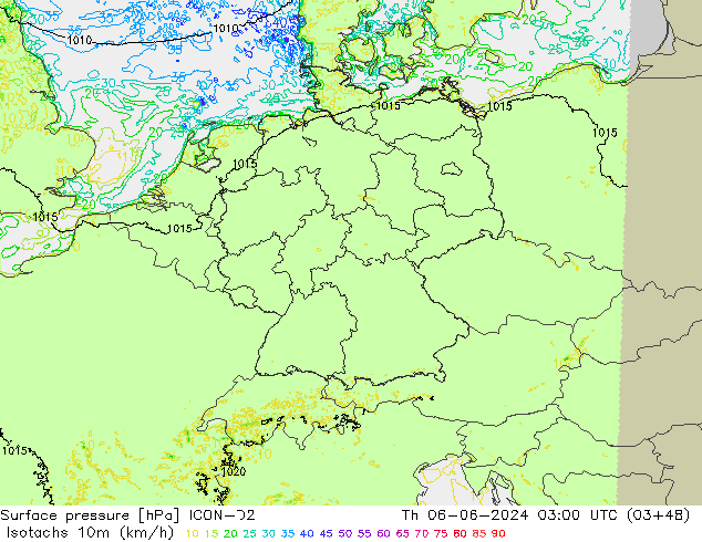 Isotachs (kph) ICON-D2 Čt 06.06.2024 03 UTC