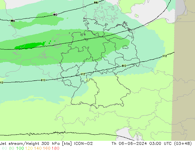 Jet stream/Height 300 hPa ICON-D2 Čt 06.06.2024 03 UTC