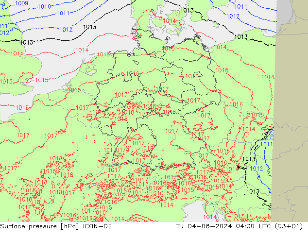 Surface pressure ICON-D2 Tu 04.06.2024 04 UTC