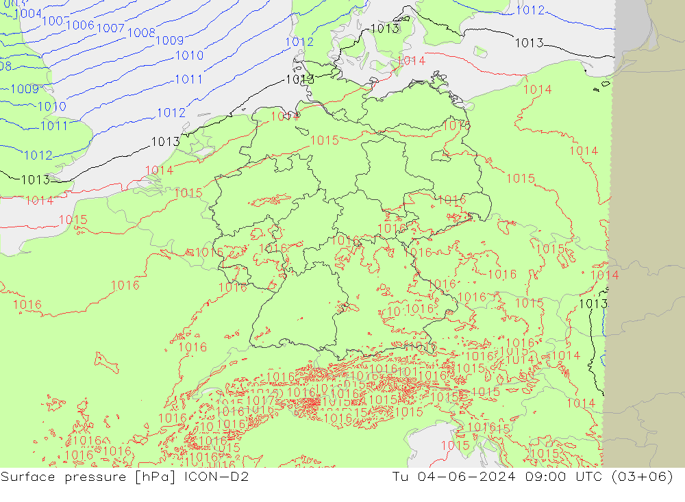 Surface pressure ICON-D2 Tu 04.06.2024 09 UTC