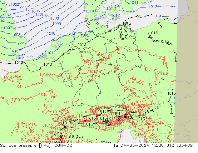 Pressione al suolo ICON-D2 mar 04.06.2024 12 UTC