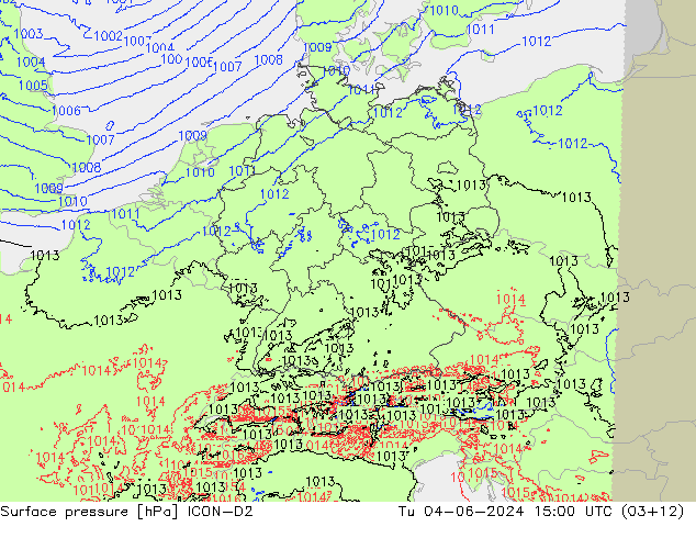 Surface pressure ICON-D2 Tu 04.06.2024 15 UTC