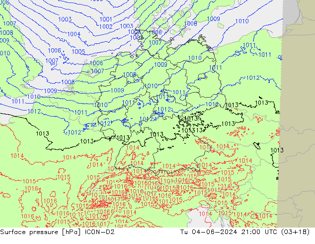 Surface pressure ICON-D2 Tu 04.06.2024 21 UTC