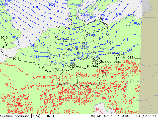 Surface pressure ICON-D2 We 05.06.2024 03 UTC