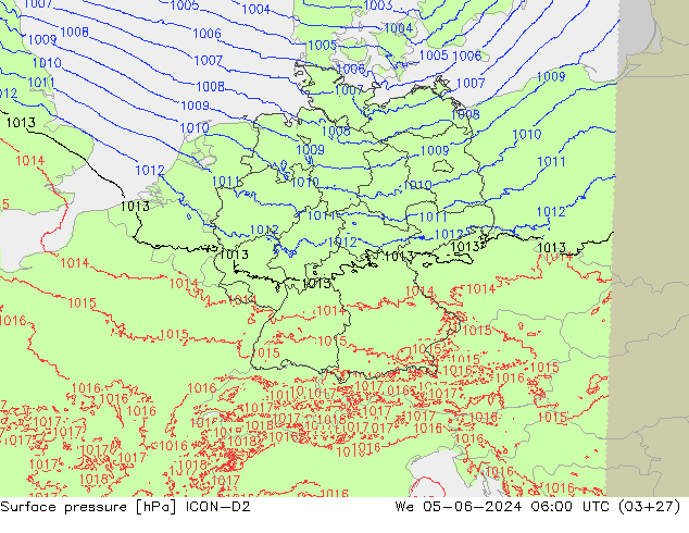 Surface pressure ICON-D2 We 05.06.2024 06 UTC